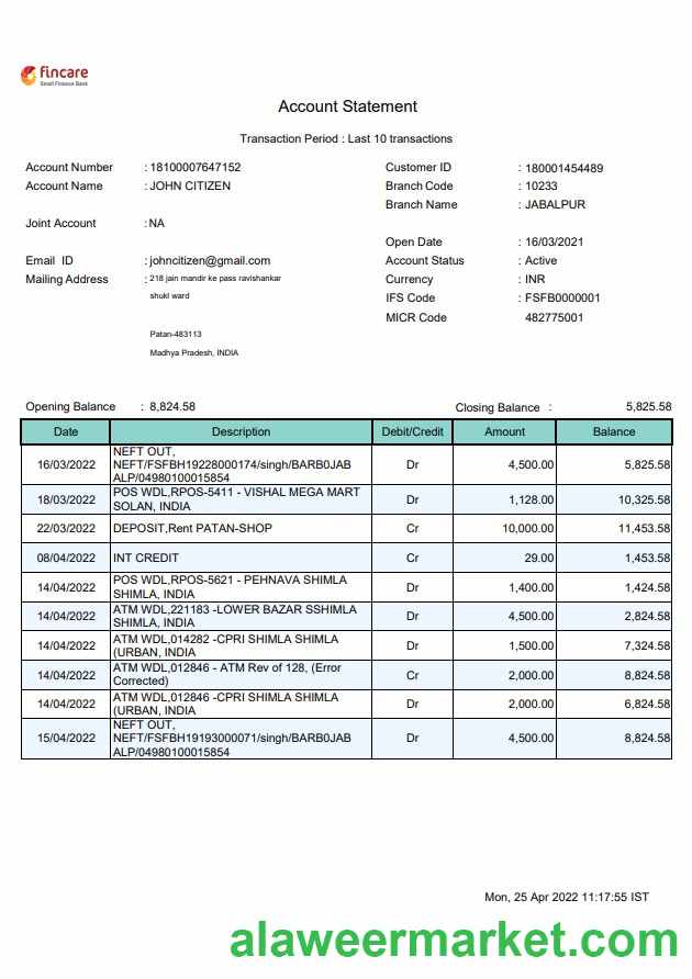 India Fincare bank statement